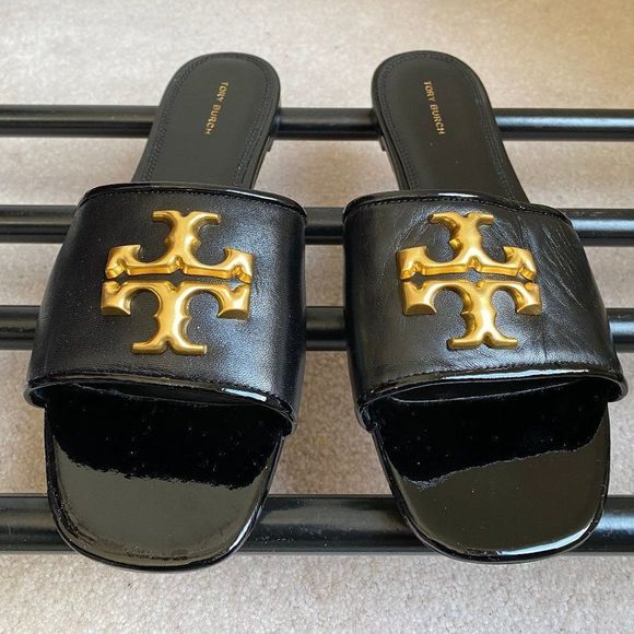 TORY BURCH Women 88744 Eleanor Leather Brass Logo Slide Sandals - NEW NWOB - Picture 1 of 8